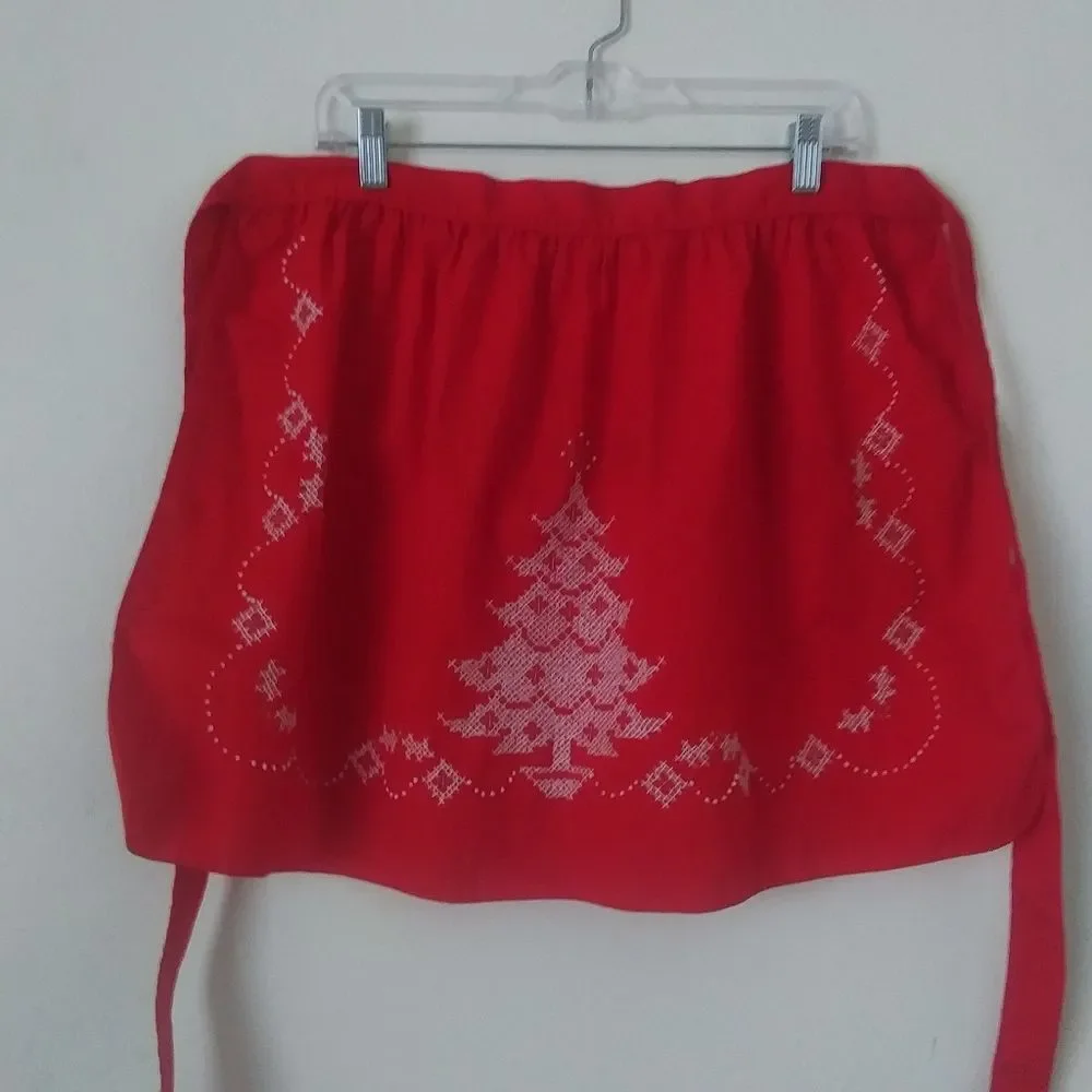 Vintage Bucilla Christmas Apron, Cross-Stitch Christmas Tree, Red & White